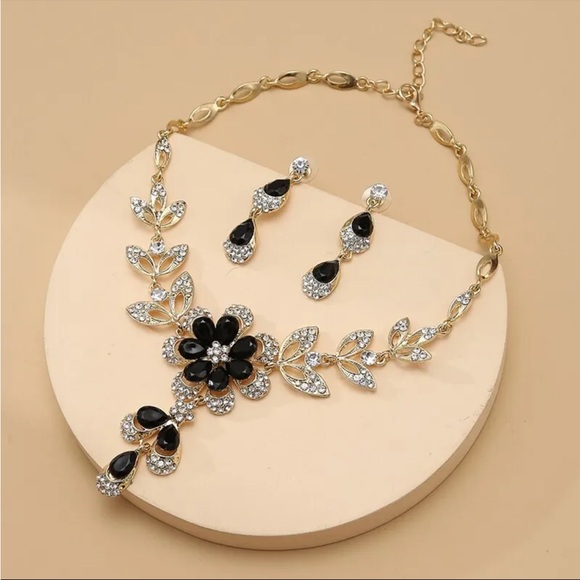 Gold Filled Black Floral CZ Necklace Set - Picture 2 of 4